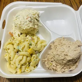 Top scoop chicken salad, macaroni salad (haven&apos;t had in ages), &amp; spicy tuna fish, deliciousness all around!