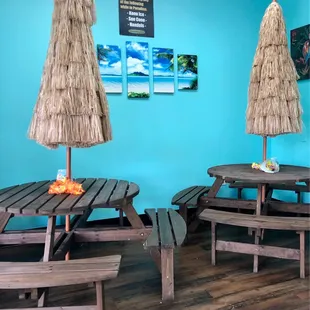 tables and umbrellas in a restaurant