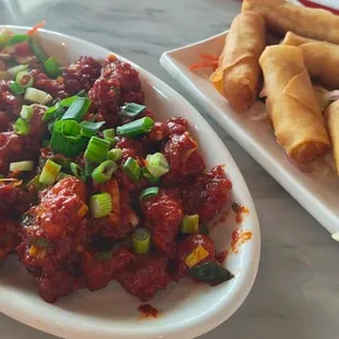 Chicken 65 and Spring Rolls