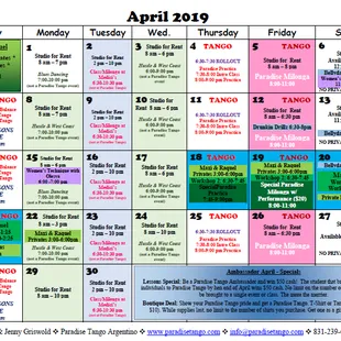April 2019 Paradise Tango Calendar