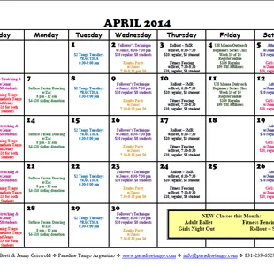 April 2014 Calendar of Classes