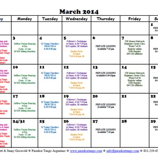 Our March 2014 Calendar of Classes!