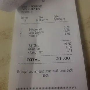 1 beer, 2 jack n cokes, 1 cocktail = $21