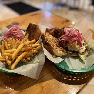 Burger Brûlée with seasoned fries and sweet potato tots