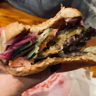 Great ratio of toppings to burger patty and bun.