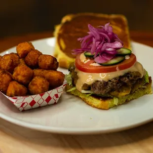 Cheese burger, and sweet potato tater tots