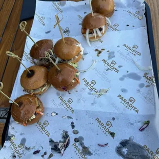 Crispy fried chicken sammie samples... Got me to buy 2!  Everyone should promote their wares like this!