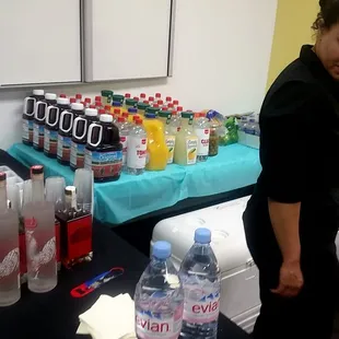 Beverage set up including alcohol and non alcoholic beverages.