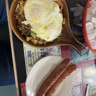 American Skillet with side of smoked sausage.