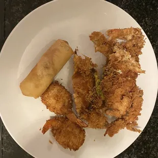 Soft shell crab, spring roll and coconut shrimp,