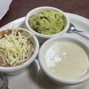 Trio appetizer - bean dip, cheese dip, guacamole