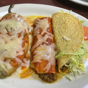 Combination with Chile relleno, beef enchilada and taco