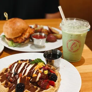 Belgian Waffles, Wild Salmon Burger, Lavender Matcha Latte (no lavender taste at all)