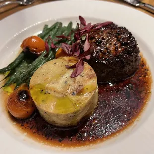 Seared Beef Tenderloin, Summer Truffle Gratin Potatoes and Sautéed French Green Beans at Parallel 37 at The Ritz-Carlton in San Francisco.