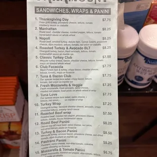 the menu for the restaurant