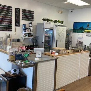 a coffee shop with a white couch