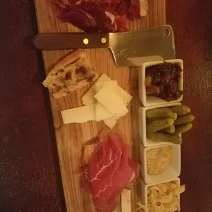 LOOK!! Duck Proscuitto, Volpi Bresaola, Bermuda Triangle cheese, &amp; Chevre blue - normal accoutrements but also including pickled fennel.