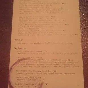 The menu. Decorated with a Jim Clendenon wine stain