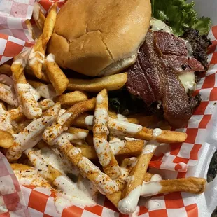 Blackened burger Cajun ranch fries