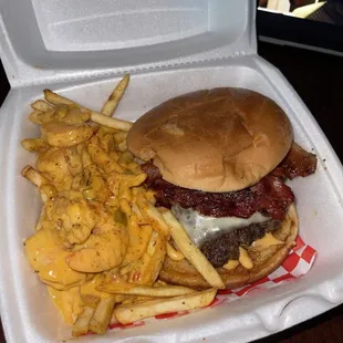 Bacon Cheese Burger with bayou fries.