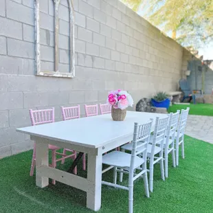 Kids white farm table with Chiavari chairs