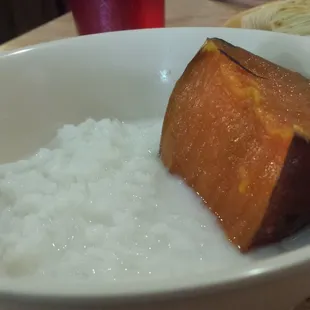 Delicious rice and sweet potatoes. Great dessert to end the meal! It reminds me of the Indian version of this rice pudding