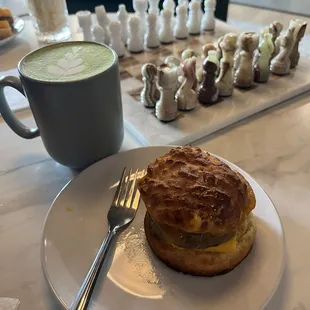 Matcha latte and breakfast sandwich