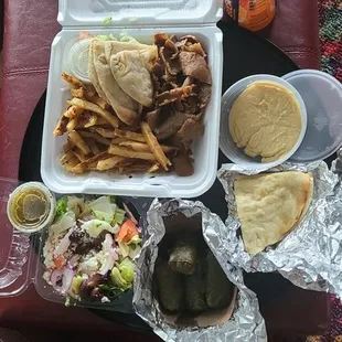 Platter (lamb, pita, hummus, fries, Greek salad), grape leaves