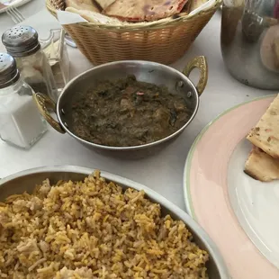 Saffron rice, lamb saag