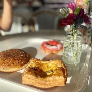 Curry Croquette, Broccoli Cheddar Quiche, and Strawberry Mochi Donut