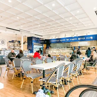 people sitting at tables in a cafe