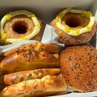 Croissant donut (filed), curry croquette, and smoked sausage bread