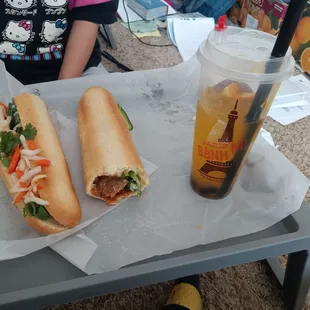 Chicken Teriyaki (left), Pork meatball (right), and passion fruit juice with Boba.