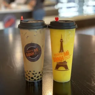 Iced milk coffee with boba &amp; Mango slush