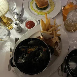 Salmon Wellington and Moules Frites