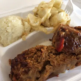 meatloaf, mashed potatoes, and gravy