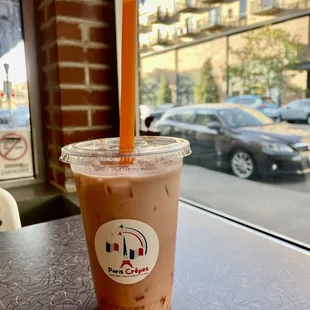 Strawberry boba tea with rainbow jelly :)