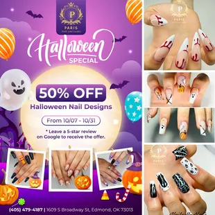 HALLOWEEN SPECIAL 

 Get ready for spooktacular savings at Paris Nails and Lashes!
 Enjoy a frighteningly fabulous 50% OFF on o