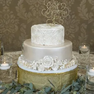a wedding cake on a table with candles