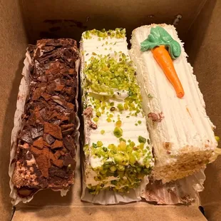 Chocolate cake, pistachio vanilla cake, carrot cake