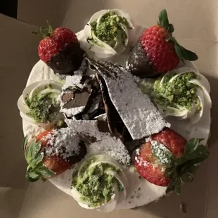 Cake filled with custard and strawberry filling