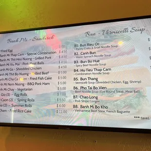 menu and prices