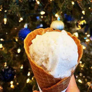 Coquito with gingerbread waffle cone