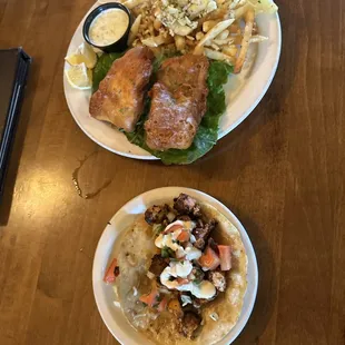 Beer battered salmon fried fish and blackened salmon taco