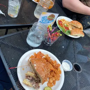 Umami burger  Out and in burger with ghost pepper cheese  Kids plain burger and fries