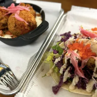 Boudin balls in a cream sauce and the scallop taco.