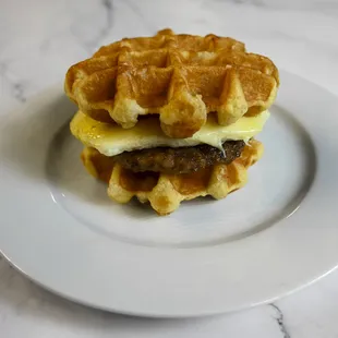 Sausage, egg, and cheese waffle sandwich