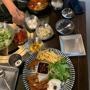 a table with a variety of food items