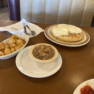 Pecan waffles with eggs, Home fries and apples
