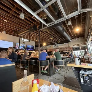 people sitting at tables in a restaurant